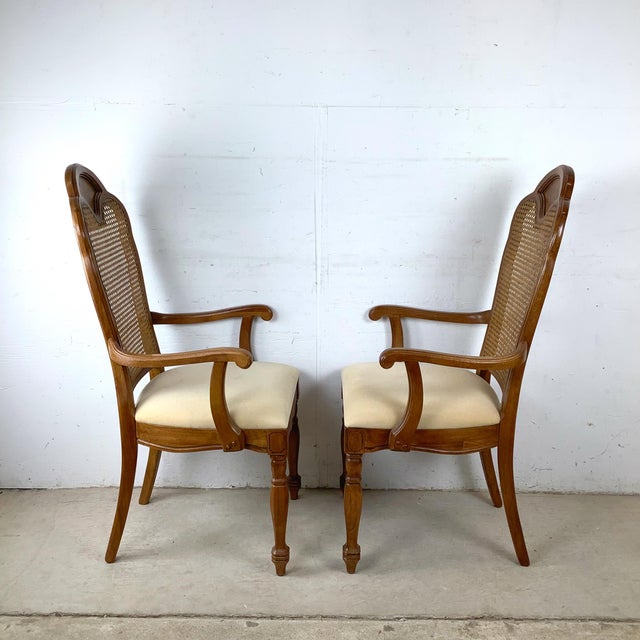 Pair of Vintage Provincial Walnut & Cane High-Back Armchairs With Burlwood Crest For Sale - Image 11 of 18