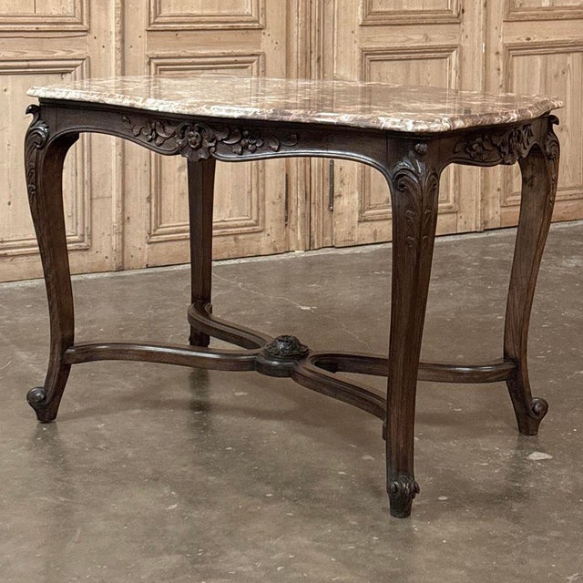 Late 19th Century French Louis XV Walnut Marble-Top Center Table ~ Library Table For Sale - Image 4 of 17