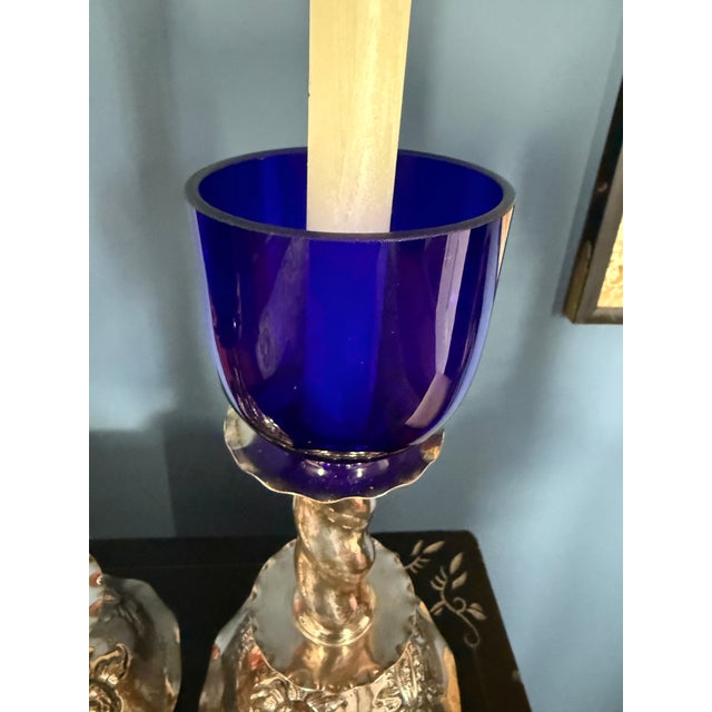 Rare pair of large midcentury modern candle bobeches, likely British Bristol cobalt blue glass. Fit most contemporary...