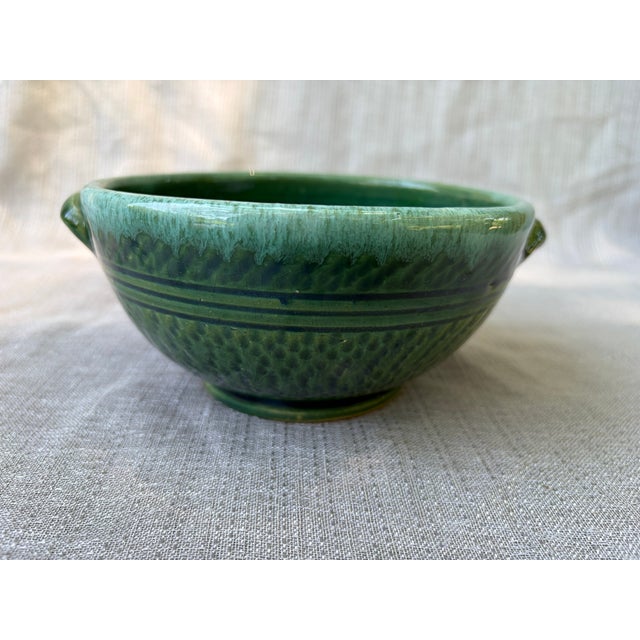 Vintage Green Glazed Ceramic Pottery Bowl With Side Handles For Sale - Image 10 of 12