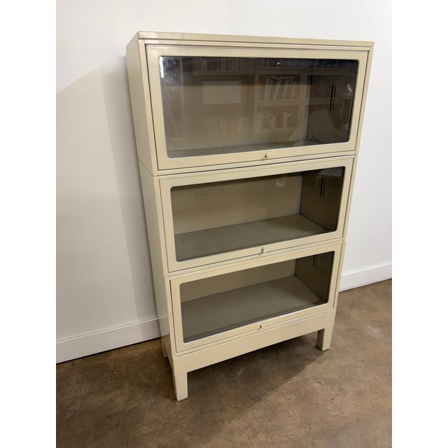 Antique White Vintage Industrial Steel Barrister Bookcases With Glass Lift-Up Doors For Sale - Image 8 of 12