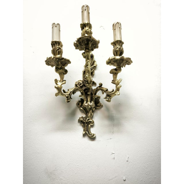 Antique Three-Light Bronze Wall Lamp, 1890s For Sale - Image 9 of 18