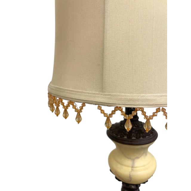 Neoclassical 1970s Pair of Vintage Neoclassical Table Lamps With Ornate Metal Bases and Fabric Shades For Sale - Image 3 of 11