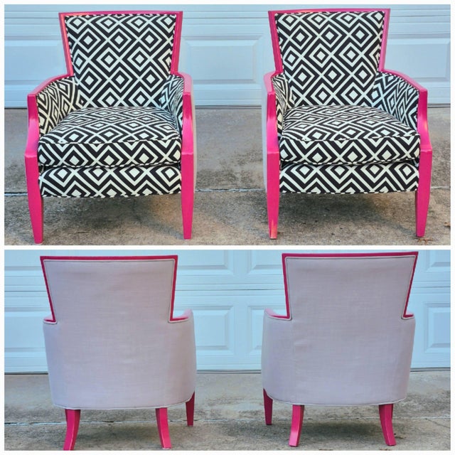 Wood Sam Moore Hooker Furniture Fuschia Black & White “Nadia” Exposed Wood Bergere Lounge Chairs, a Pair For Sale - Image 7 of 12