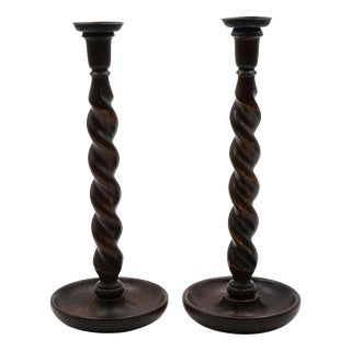 English Early Victorian Oak Barley Twist Candleholders, Set of 2 For Sale
