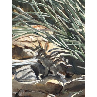 Light and Shadow by Sheri Farabaugh | Oil on Hardboard Rabbit resting near rocks and plants For Sale