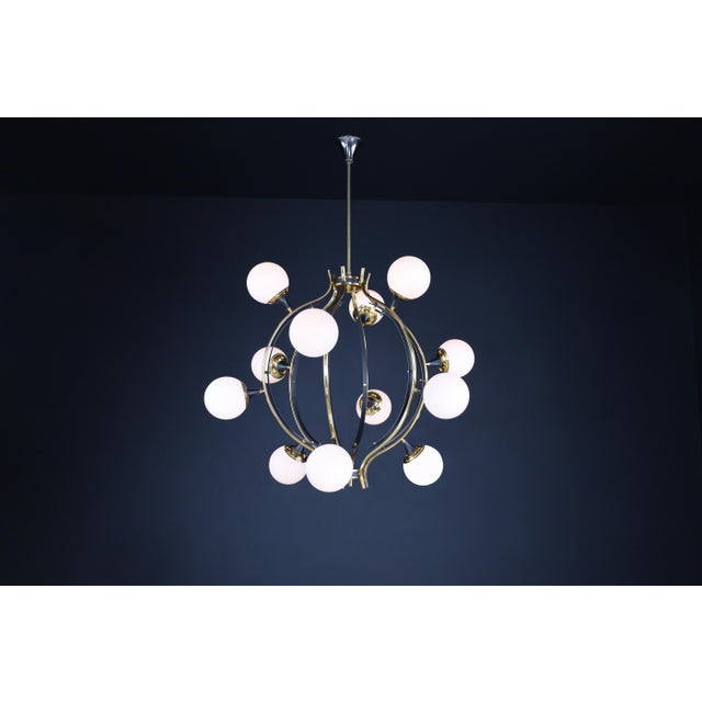 1950s Mid-Century Chandelier in Brass and 12 Opaline Globes from Stilnovo, Italy 1950s For Sale - Image 5 of 17