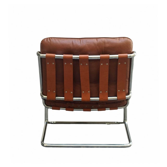 Brown Leather Lounge Armchair with Chrome-Plated Steel Tubular Frame, Italy, 1970s For Sale - Image 4 of 8