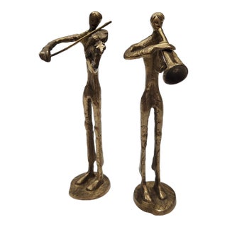 Vintage Pair of Bronze Sculpture Musicians For Sale