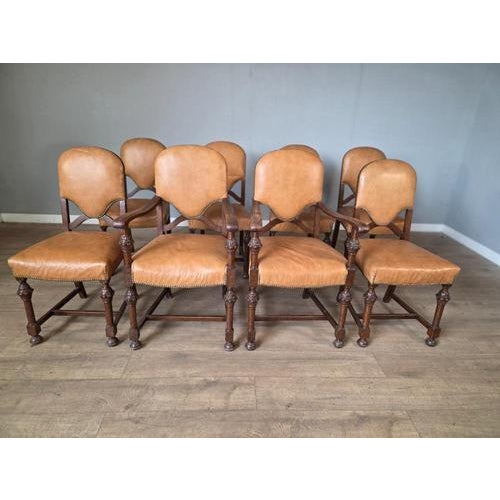 Antique Oak and Leather Dining Chairs, Set of 8 For Sale - Image 10 of 10