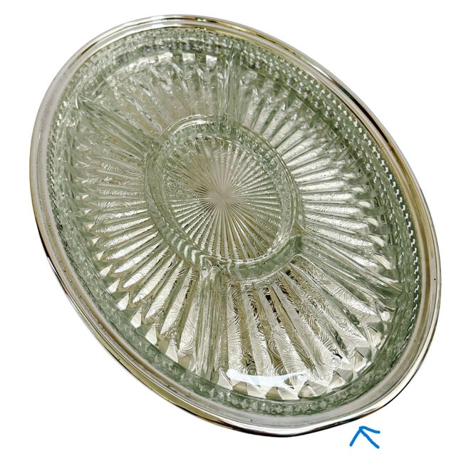 Metal Mid 20th Century Silver Plated Gallery Tray & Sunburst Pressed Glass Hors d'Oeuvres Insert For Sale - Image 7 of 7