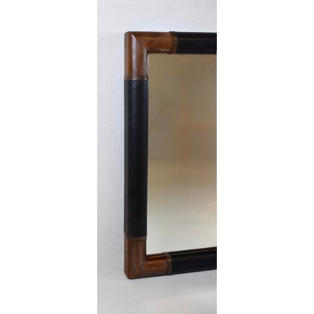 Valenti Mid Century Wall Mirror by Pierre Lottier With Leather Wrapped Frame For Sale - Image 4 of 10