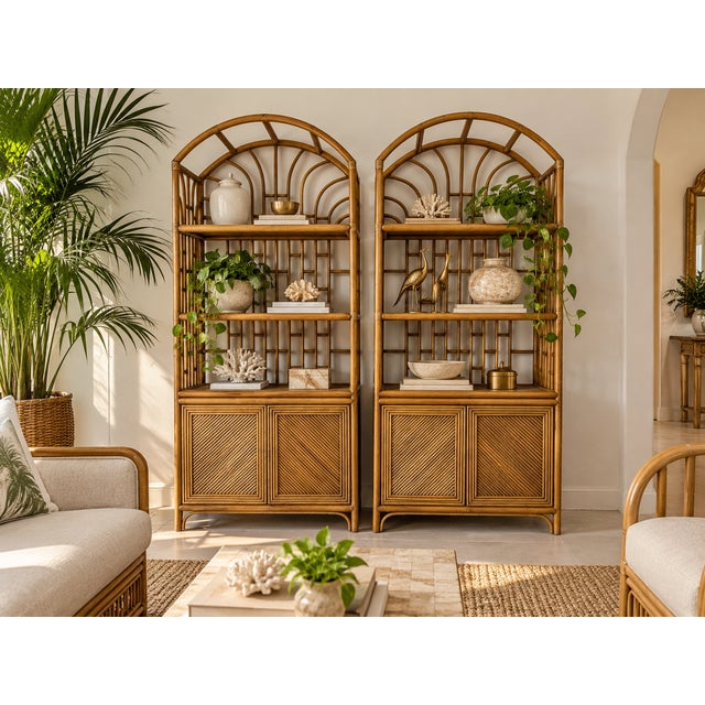 Beautiful pair of vintage Palm Beach Regency rattan étagères featuring elegant arched tops, intricate geometric and a warm...
