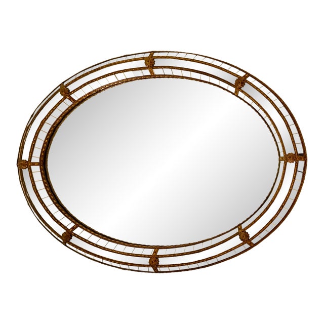 Hollywood Regency Oval Wall Mirror With Brass Accents For Sale