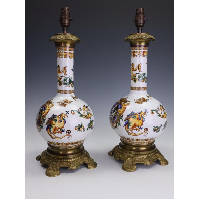 Antique Neo-Renaissance Italian Majolica Porcelain Table Lamps, 1880, Set of 2 For Sale - Image 17 of 18