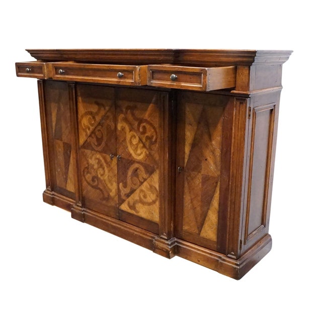 Vintage Antique Mediterranean Tuscan Style Alder Wood 77" Wine Storage Credenza Buffet W. Inlaid Features For Sale - Image 10 of 14