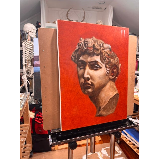 2020s David Study on Vermilion Ground by Kathleen Varadi, Classical Figurative Oil Painting For Sale - Image 5 of 9