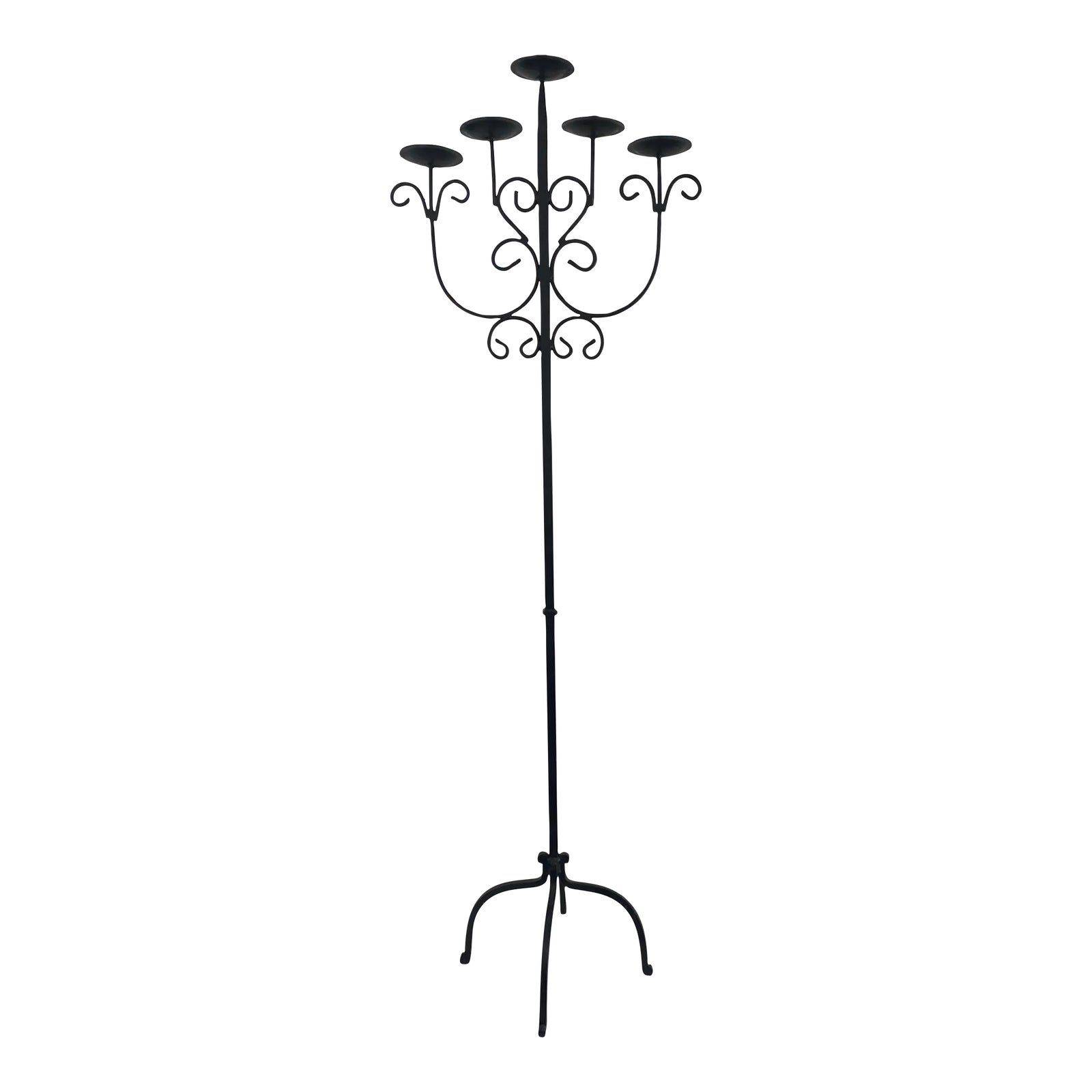 Vintage Mid 20th Century Black Wrought Iron Floor Candelabra