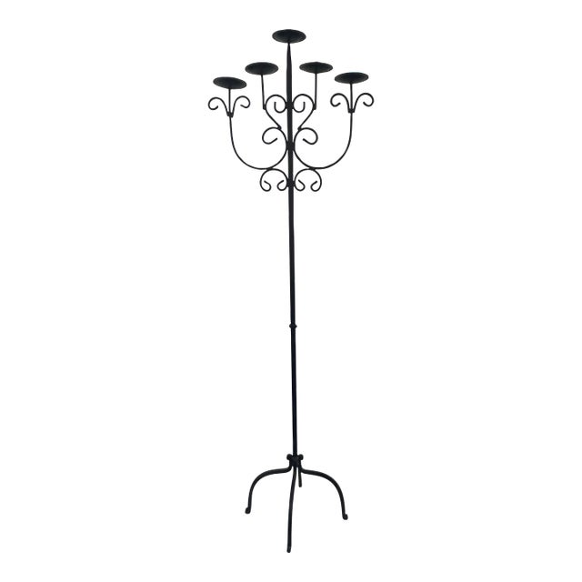 Vintage Mid 20th Century Black Wrought Iron Floor Candelabra For Sale