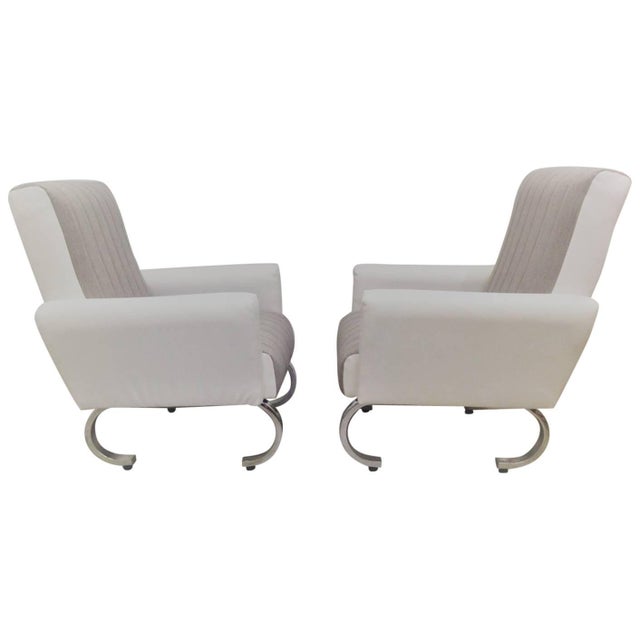 Metal Mid-Century Exclusive Sleek Italian Armchairs With Curved Metal Base - a Pair For Sale - Image 7 of 7