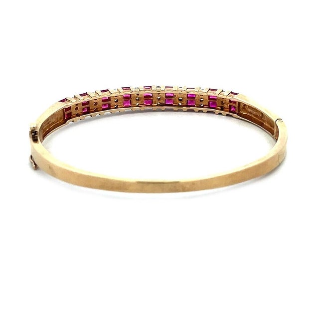 Contemporary 6795 Diamond Ruby Gold Bracelet 3 Carats 14k Yellow Oval Hinged Style For Sale - Image 3 of 7