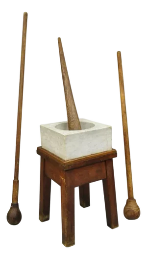 Antique French Country Primitive Carved Marble Mortar and Pestle on Wood Base- 4 Pieces