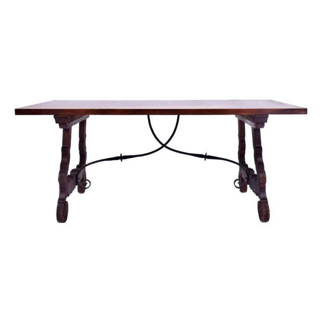 Spanish Colonial Dining Table, Hand-Carved Oak & Iron, Early 20th C. For Sale