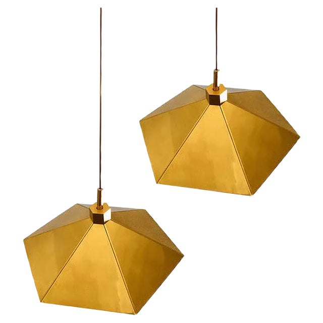 Belgian Brass Umbrella Shaped Pendant Lamps, 1970s, Set of 2 For Sale