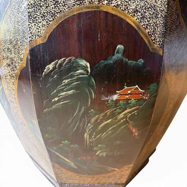 Wood Mid 20th Century Unusual Kitten & Goldfish Octagonal Rice Barrel Hand-Painted Lacquer Wood 17.5" For Sale - Image 7 of 18