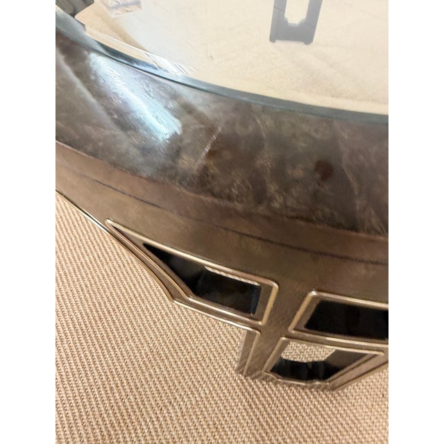 Wood 1970’s Ultra Rare Round Mastercraft Burled Glass Top Coffee Table With Intricate Recessed Brass Trim. For Sale - Image 7 of 12