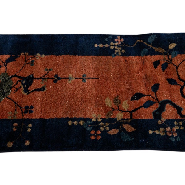 Textile Antique Art Deco Handmade Tan and Blue Floral Scatter Wool Rug For Sale - Image 7 of 10