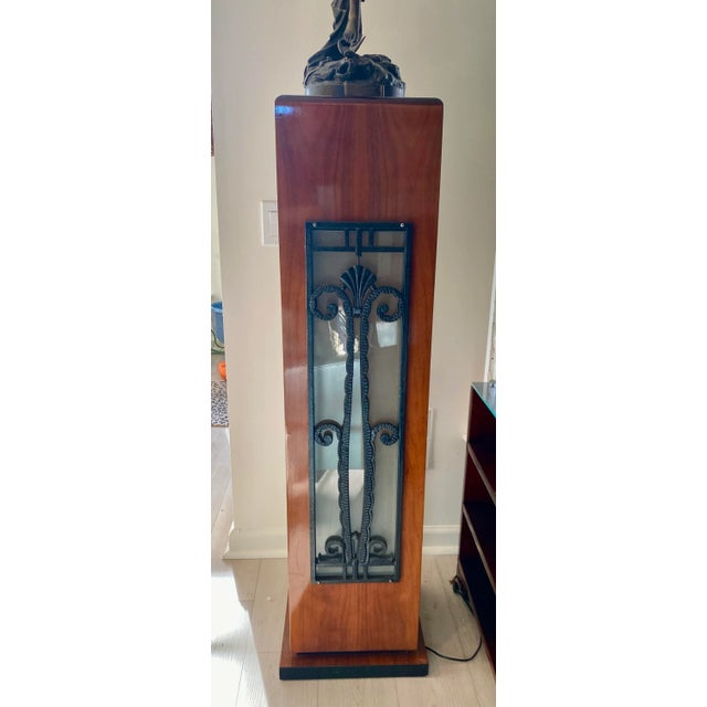 Wood 1940s Art Deco Mahogany Lighted Column, French Rod Iron Frosted Glass and Mahogany Wood Lighted Pedestal For Sale - Image 7 of 12