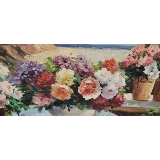 Baby Blue 1980s Beautiful Vintage Oil Painting of Flowers Signed For Sale - Image 8 of 9