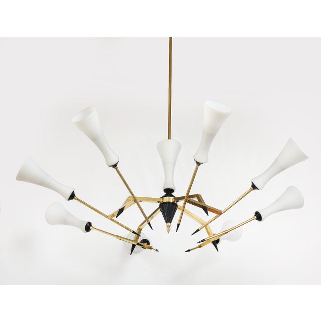 1960's large modernist brass and glass 8 arm chandelier attributed to Stilnovo, fully restored and newly rewired and ready...