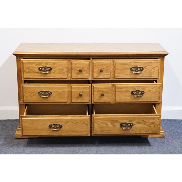 Late 20th Century Broyhill Premier Early American Country Style Solid Oak 54" Double Dresser 6510-21 For Sale - Image 5 of 13