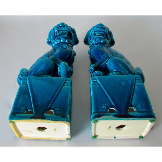 Vintage. C.1935-50's (Japan) Ceramic Porcelain Cerulean Blue Glazed Foo Dogs - Pair For Sale - Image 16 of 18