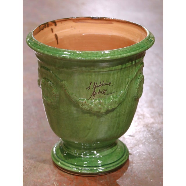 Neoclassical Pair of French Handmade Green Glazed Terracotta Anduze Planters by La Madeleine For Sale - Image 3 of 9
