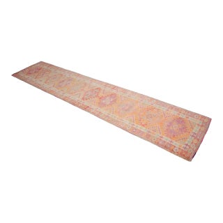 Tribal Low Pile Faded Oushak Runner Rug 2′9″ × 13′10″ For Sale
