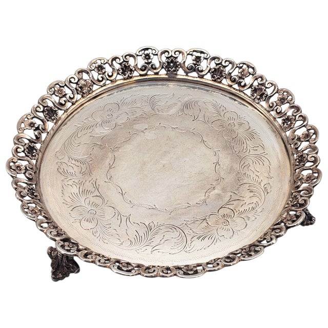 Mid-Century Modern Brazilian Alpaca Silverplate Rococo Salon Tray With Pierced Gallery — Footed 10" For Sale - Image 3 of 7