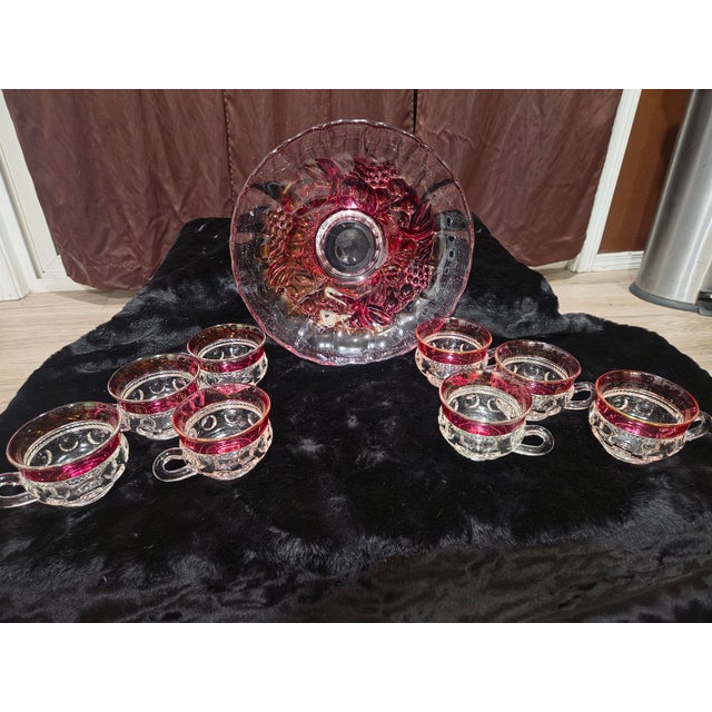Mid-Century Modern Vintage Mid-Century Modern Indiana Glass "Garland" Ruby Flash Comport Bowl & Matching Cups - 9 Pieces For Sale - Image 3 of 3