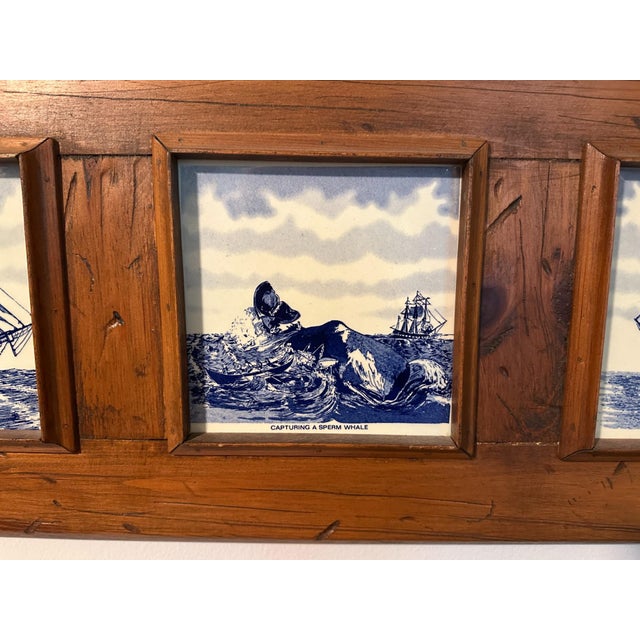 Traditional Vintage Oak Framed Delft Blue/White Tile Wall Decor - Dutch Sailing Ships Whale For Sale - Image 3 of 7