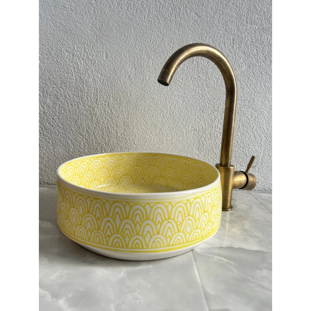 Not Yet Made - Made To Order Moroccan Yellow Ceramic Round Sink for Bathroom, Vessel Sink with Brass Drain For Sale - Image 5 of 8