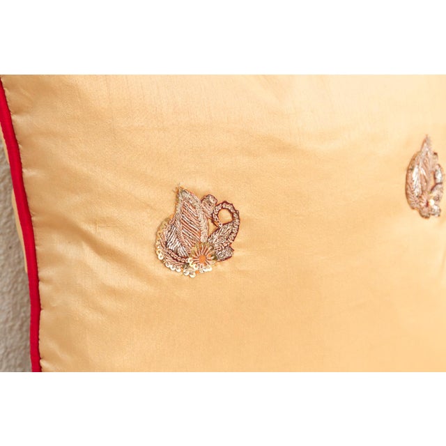 Shahi Saffron Gold Zardozi Silk Pillow, Peacock Motif For Sale - Image 4 of 6