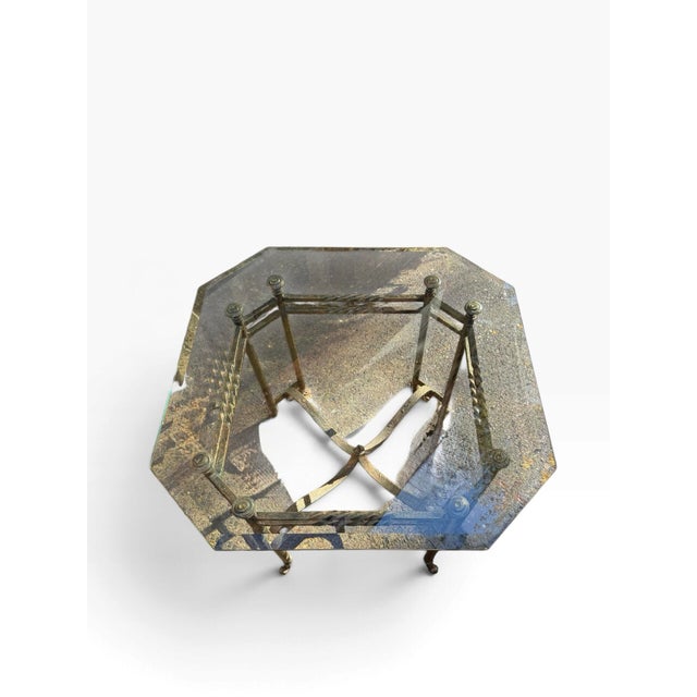 Hollywood Regency Vintage Pair of Hollywood Regency Style Wrought Iron Side End Tables With Heavy Octagonal Glass Tops For Sale - Image 3 of 12