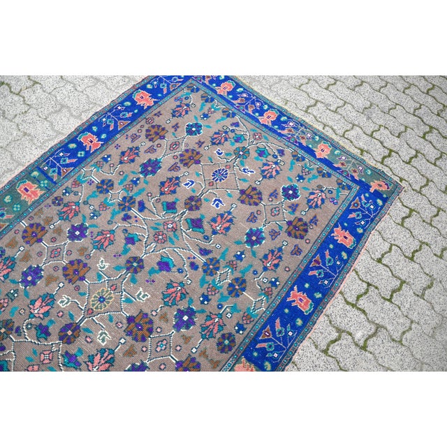 1960s Floral Design Modern Blue and Gray Vintage Aztec Rug For Sale - Image 6 of 11