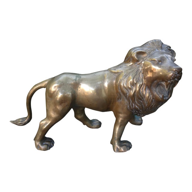 Large Hollywood Regency Brass Lion Sculpture For Sale