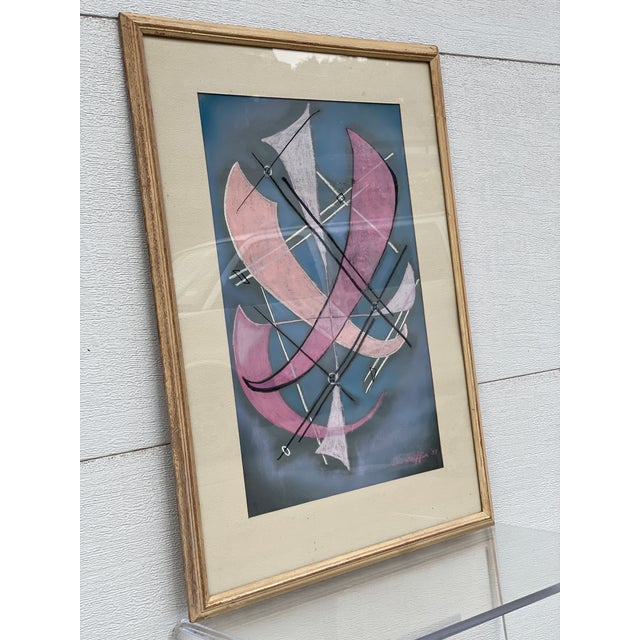 Framed and matted gouache on paper abstract composition featuring geometric shapes in shades of pink, white, and black...