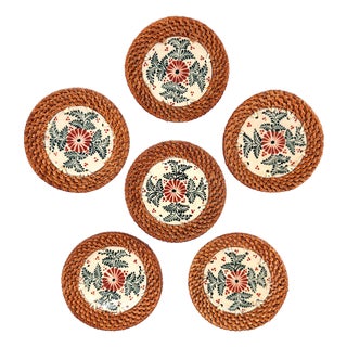 Asian Modern Bat Trang Vietnamese Rattan & Ceramic Coasters With Hand Painted Floral Motif - Set of 6 For Sale