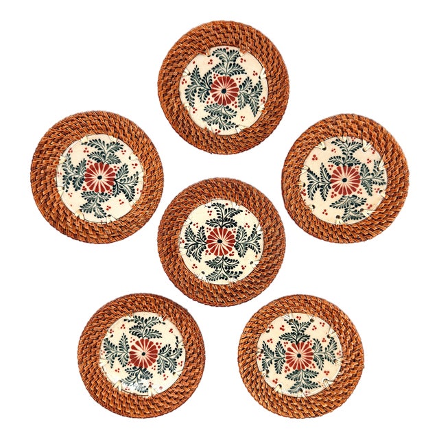 Asian Modern Bat Trang Vietnamese Rattan & Ceramic Coasters With Hand Painted Floral Motif - Set of 6 For Sale