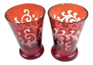 Red Crystal Etched Vintage Shot Glasse Set of Toothpick Holder - Set of 2
